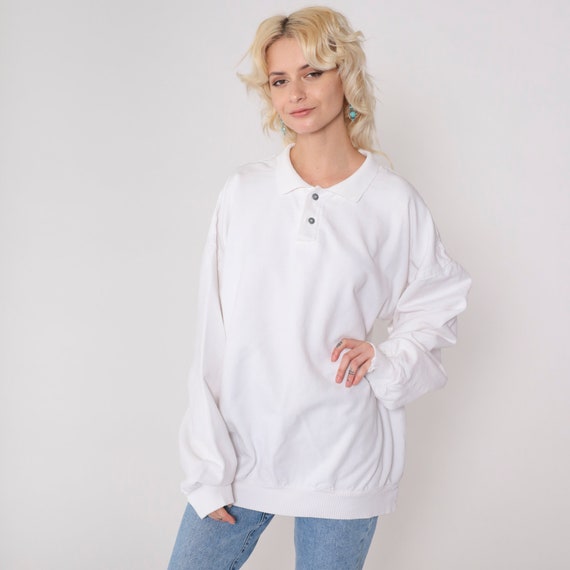 90s White Polo Sweatshirt Collared Sweatshirt Retro Plain Pullover Sweater Slouchy Basic Plain Solid White Vintage 1990s Plus Size 2xl xxl