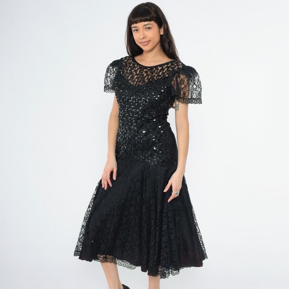 Vintage 80s Lace Party Dress Black Sequin Midi Prom Puff Sleeve 1980s Formal Dress Sheer Illusion Neckline Mermaid Hem Evening Gown Small S