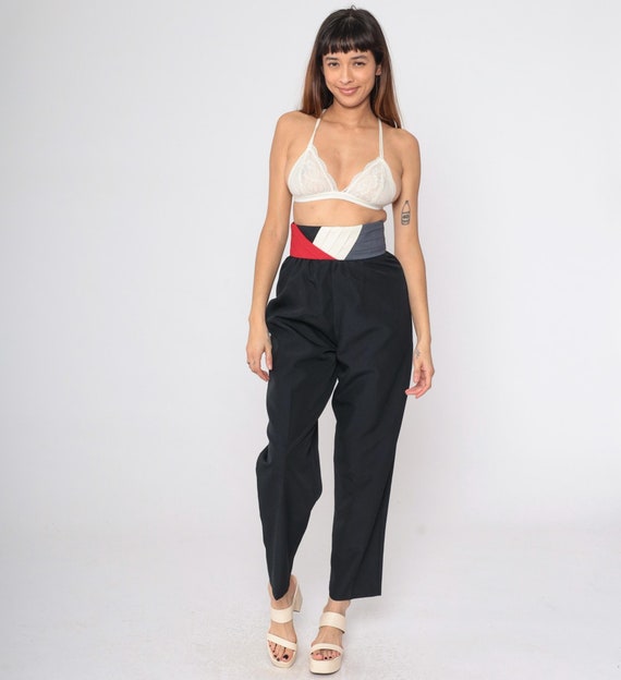 Vintage Black Trousers 80s 90s Pleated Color Block Waistband High Waisted Tapered Pants Slacks Office Preppy 1980s Small 9