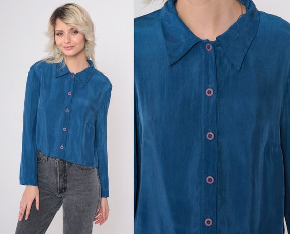 Blue Cropped Blouse 90s Silky Rayon Crop Top Liz … - image 1