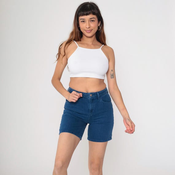 Vintage Y2K Guess Jean Shorts Denim Shorts Dark Wash Blue Tight Jean Shorts Y2K High Waisted Triangle Logo Small 26