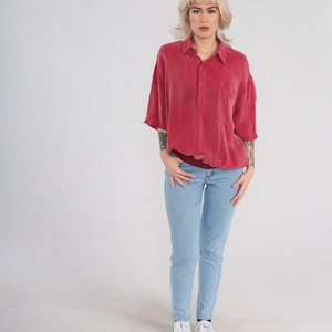 Red Polo Shirt 90s Silky Collared T-shirt Preppy Basic Slouchy Short Sleeve Top Banded Hem Half Button Up Plain Collar Vintage 1990s Mens XL image 3