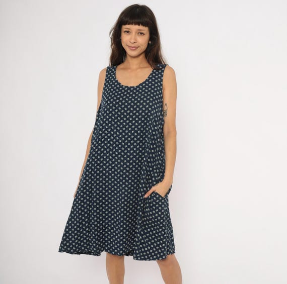80s Navy Printed Sundress Scoop Neck Sleeveless Cotton White Geometric Tank Frock Summer Beach Vacation Swing Relaxed Fit Vintage Large L
