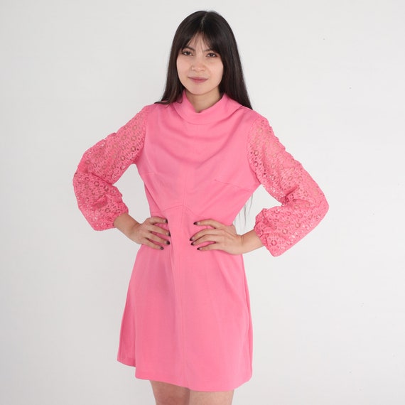 Mod Mini Dress 70s Pink Party Dress Long Sheer Lace Sleeve Empire Waist High Mock Neck Retro Seventies MiniDress Vintage 1970s Small S