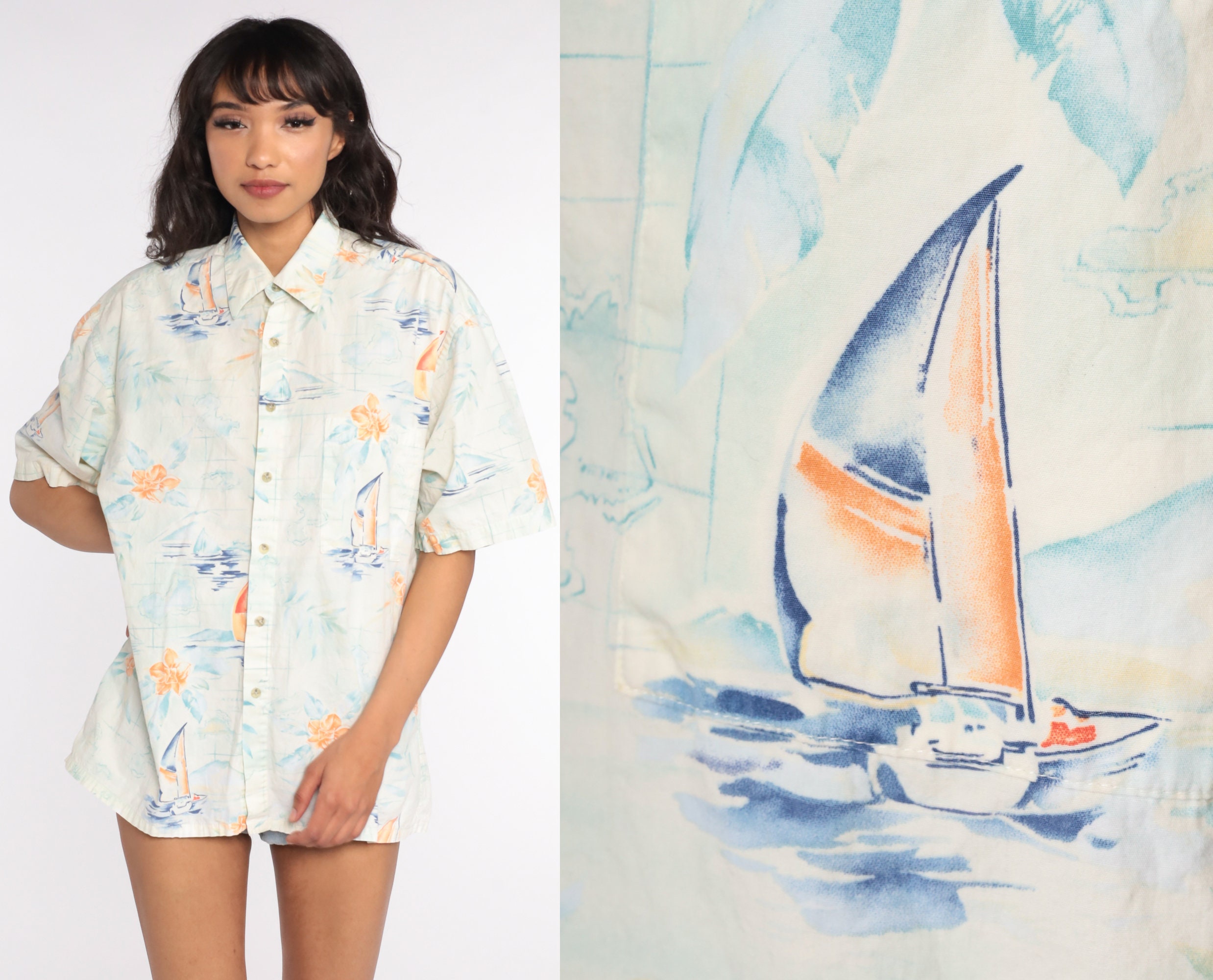 80s Sailboat Shirt Hawaiian Shirt Tropical Shirt SURFER Button Up Shirt ...