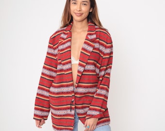 90s Southwestern Jacket Blazer Red Striped Geometric Tribal Pattern Open Front Cardigan Vintage Grunge Native Western Style Large L