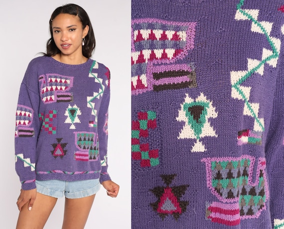 Purple Geometric Sweater 90s Sweater Cotton Ramie Print Knit 1990s Statement Grunge Vintage Pullover Medium