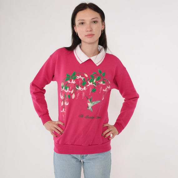 90s Butchart Gardens Sweatshirt Fuchsia Floral Hummingbird Sweatshirt Victoria BC Collared Bird Graphic Vintage 1990s Morning Sun Small