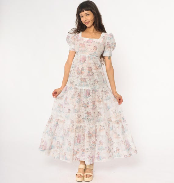 70s Children Print Eyelet Maxi Dress White Pastel Pink Blue Kawaii Puff Sleeve Square Neck Tiered Ruffle Fairycore Coquette Prairie Small S