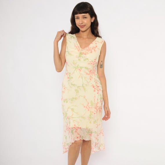 90s Fairy Dress Cherry Blossom Chiffon Sleeveless Floral Pink Green Cream Ivory Bias Cut Sheer Feminine Spring Garden Party Vintage Medium M