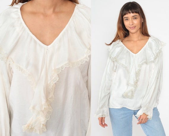 White Ruffle Blouse 80s Lace Trim Ruffled Poet Sh… - image 1