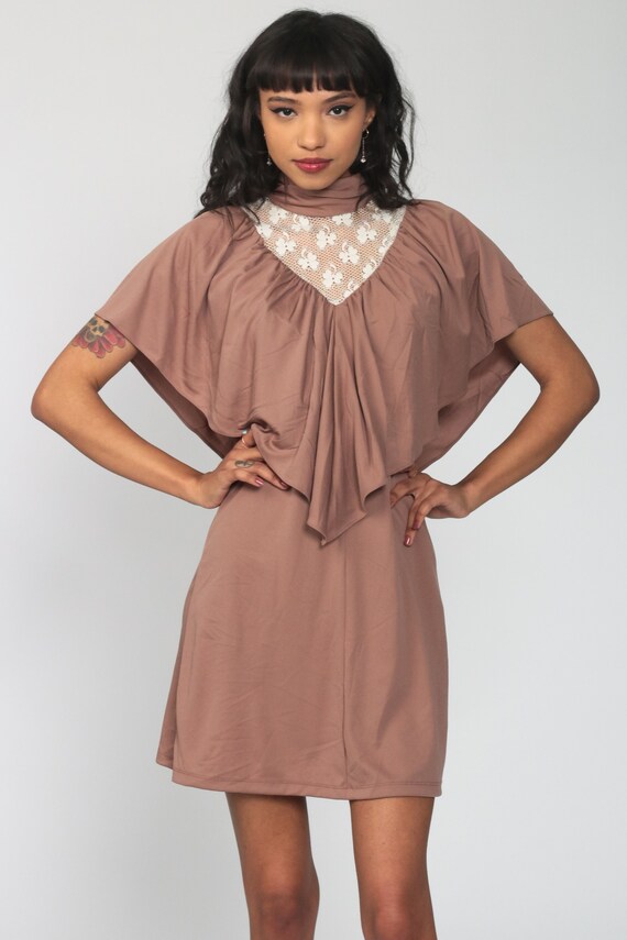 70s Lace Dress Mini Cape Bib Mocha Boho Dress 1970s Grecian Goddess Draped Capelet Dress Bohemian Wedding Vintage Disco Flutter Dress Small
