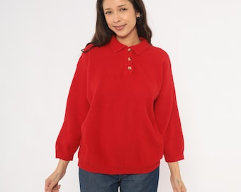 Roter Polo Pullover Strick Kragen Knopfleiste Gerippter Pullover Crimson Cherry Vintage 90er Jahre Preppy Akademisches Henley Top Medium M