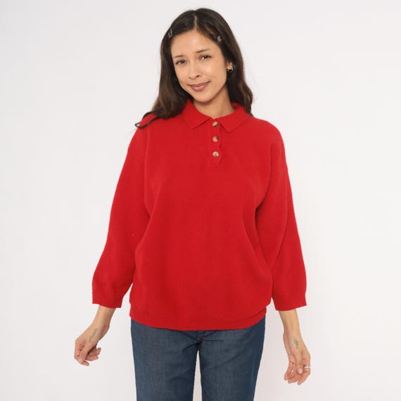 Red Polo Sweater Knit Collared Button Placket Ribbed Pullover Crimson Cherry Vintage 90s Preppy Collegiate Academic Henley Top Medium M