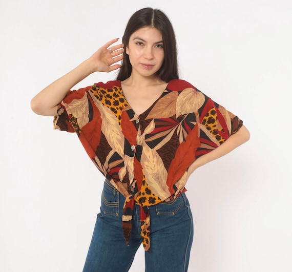 90s Tropical Leaf Blouse Leopard Button Front Tie V Neck Short Sleeve Red Orange Tan Animal Crop Top Summer Shirt Safari Women Large L
