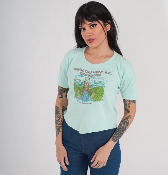 Vancouver BC Shirt 80s Canada T-Shirt Lions Gate Bridge Graphic Tee Retro Tourist Travel Top Single Stitch Mint Green Vintage 1980s Medium M