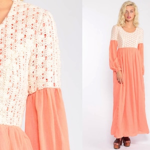 Boho Maxi Dress 70s Bohemian Peach Lace Dress Party CROCHET 1970s Empire Waist Vintage Hippie Festival Long Sleeve Dress Extra Small xs