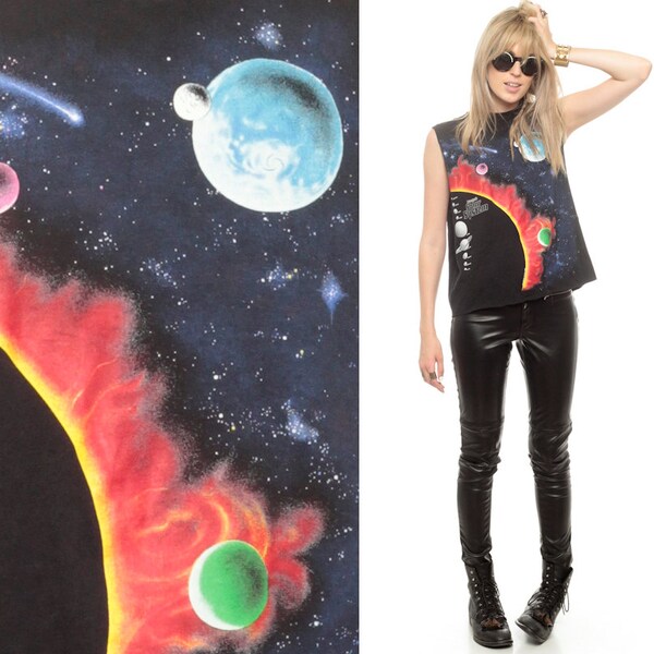 Espace système solaire Tank Top Shirt Star Planet SUN Galaxy Cut Off 80 s noir bleu Vintage galactique Cutoff Hipster Tee Extra petit moyen xs