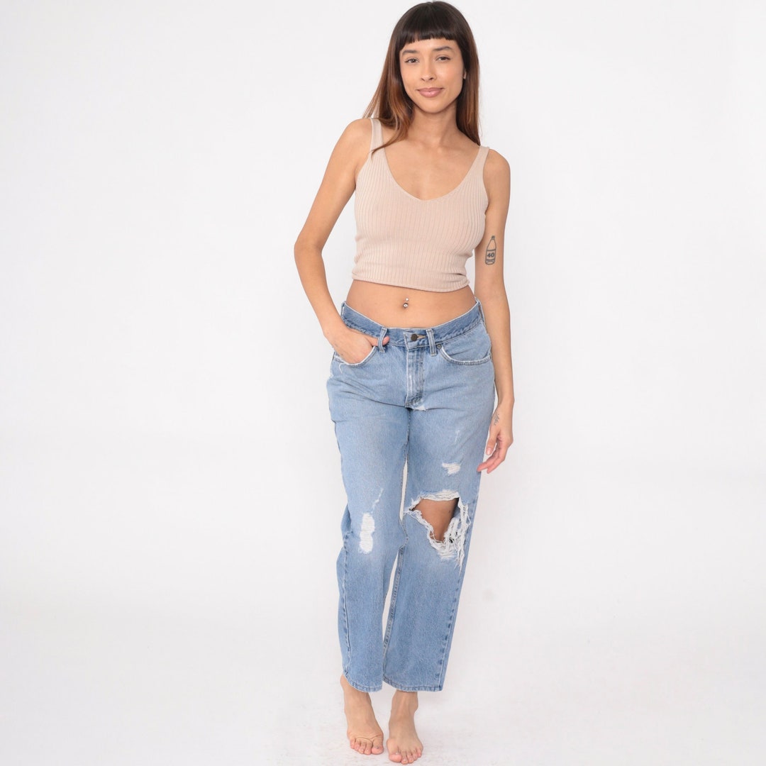 Pantalones vaqueros con rodillas rotas, pantalones vaqueros Lee de los años  90, tiro medio, pierna recta, pantalones vaqueros desgastados y relajados, 