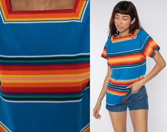 Rainbow Striped Blouse 70s Top Raglan Sleeve Polyester Knit 1970s Shirt Short Cap Sleeve Top Vintage Medium Large