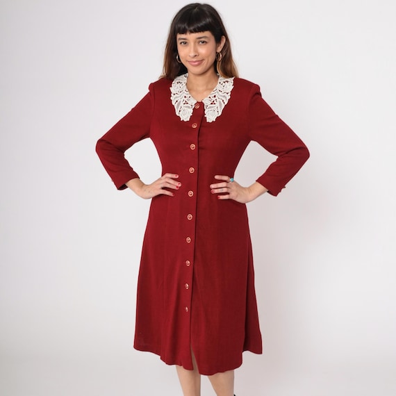 Peter Pan Collar Dress 80s Burgundy Red White Lace Collar Button Up Long Sleeve Midi Vintage Romantic Victorian Prairie Modest Cute Small S