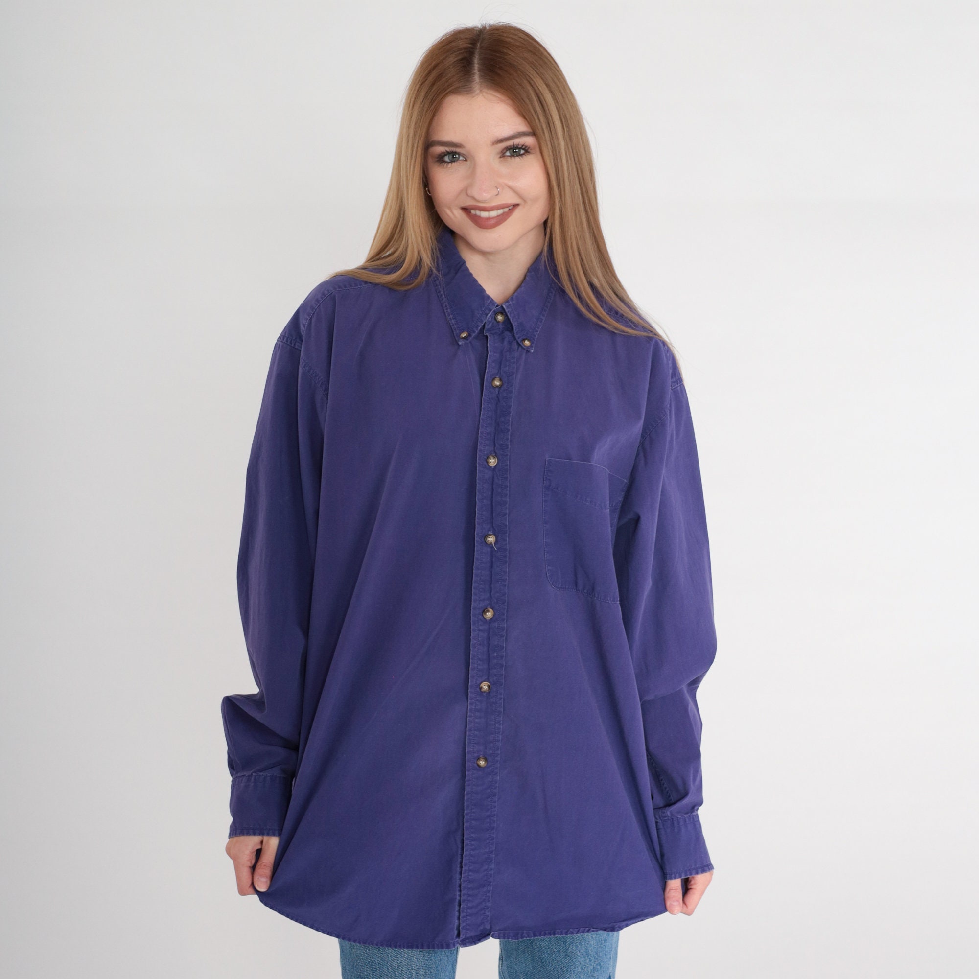 Purple Button up Shirt 90s Cotton Oxford Shirt Long Sleeve Etsy