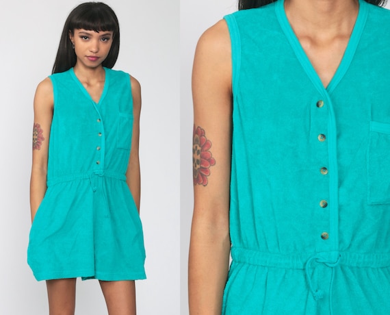 Turquoise Summer Romper 80s TERRY CLOTH Romper Sho