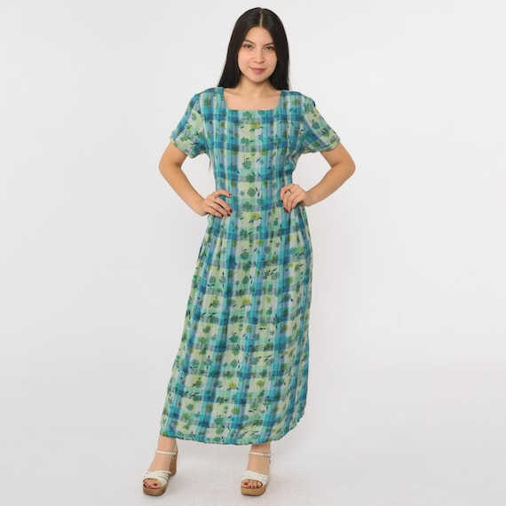 Vintage Checkered Floral Dress 90s Green Blue Maxi Dress Flower Print Shift Short Sleeve Retro Ankle Length Preppy Summer 1990s Medium