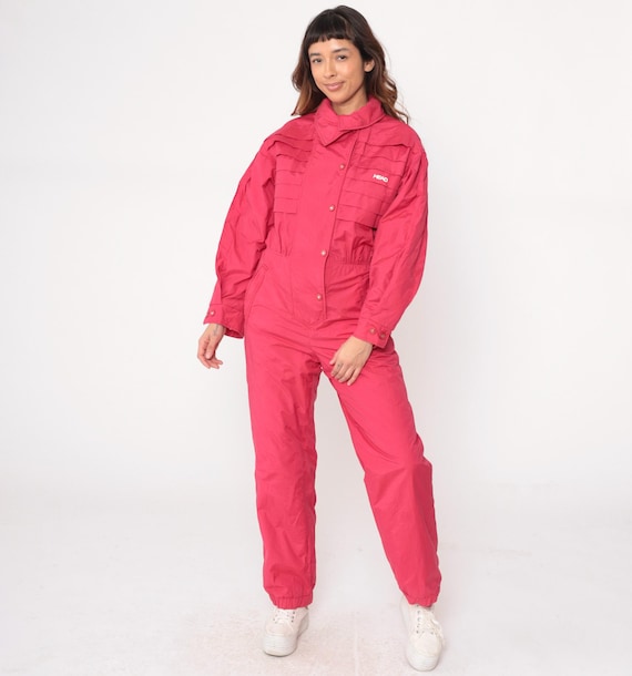 80s Pink Snowsuit Head One Piece Ski Suit Jumpsuit Vintage Gorpcore Outdoor Winter Elastic Waist Long Sleeve Resort Cabin Pockets Large L