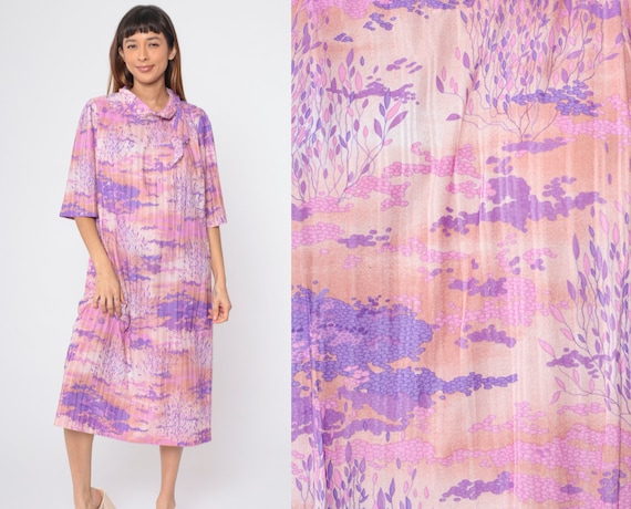 Psychedelic Dress 70s Mod Midi Dress Abstract Tree Cloud Print Asian Inspired Ascot Tie Short Sleeve Day Purple Pink Vintage 1970s Large L