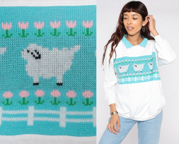 Maternity Sheep Sweatshirt Collared Sweater Animal Sweatshirt 80s Jumper Graphic Shirt Kawaii 1980s Vintage White Lamb Large Pregnancy