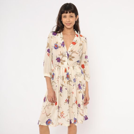 1970s Sheer Floral Dress Cream Three Quarter Sleeve Gathered Waist Purple Red Flower Print Cottagecore Sundress Summer Vintage Medium M
