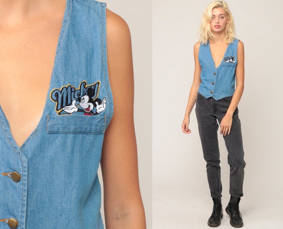 Mickey Mouse Vest Denim Shirt Walt Disney Vest Sleeveless Button Up Tank Top 90s Jean Vest Vintage Blue 1990s Small