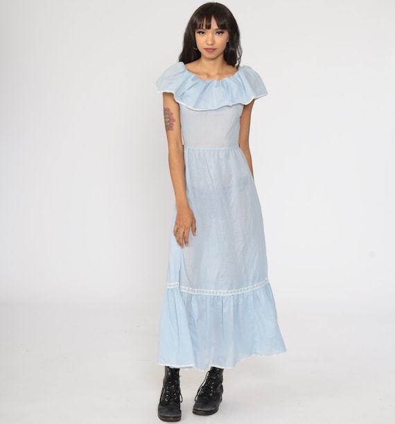 Peasant Sun Dress 70s Sundress Maxi Boho Off Shoulder Dress Blue Pinstripe Long Pastel Vintage 1970s Bohemian Summer Striped Extra Small xs