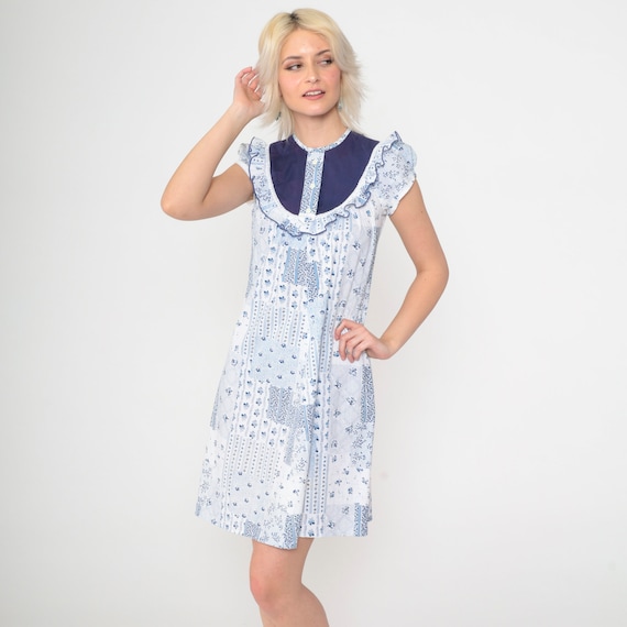 70s Floral Prairie Dress Blue Patchwork Print Ruffle Bib Mini Bohemian Puff Sleeve Dress Boho Shift Vintage Western 1970s Bohemian 2xs xxs