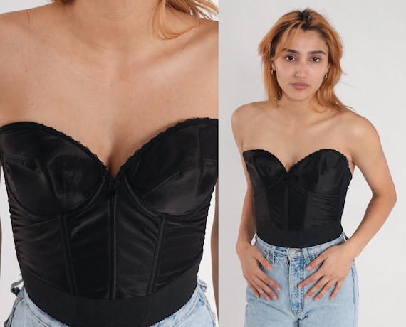 80s Bustier Corset 36 C Black Bustier Retro Lingerie Bra Top Boned Strapless Sweetheart Neckline Low Back Sexy Vintage 1980s 36C