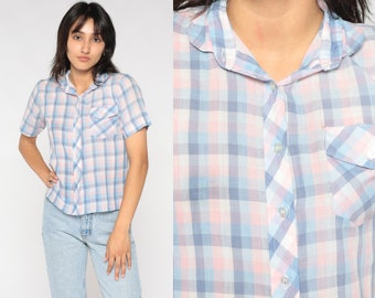 Pastel Plaid Blouse 80s Button Up Shirt Short Sleeve Collared Top Checkered Print Casual Summer White Blue Pink Collar Vintage 1980s Small S