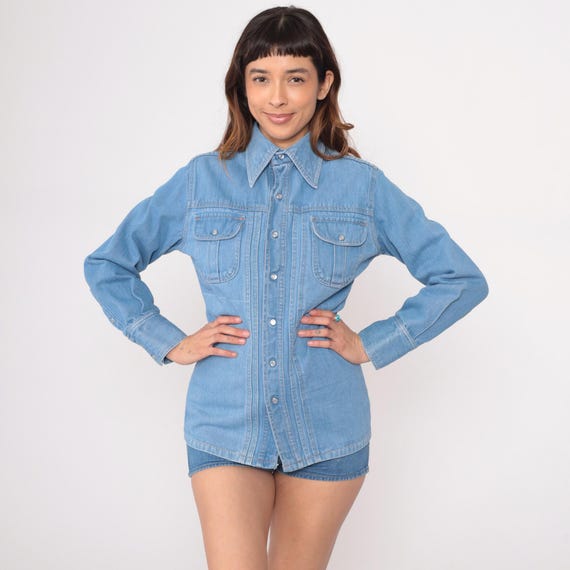 80s Western Denim Shirt Cotton Chambray Snap Button Long Sleeve Vintage Work Shirt Light Blue Pearl Snap Cowboy Ranch Workwear Medium M