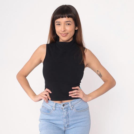 Black Sleeveless Turtleneck 90s Mock Neck Crop Top Ribbed Cotton Knit Fitted Tank Basic Vintage Club Going Out Party Night Chic Small S