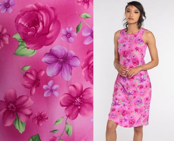 Floral Summer Dress 90s Sundress Midi Floral Sun Dress Pink Dress Y2K Rose Dress Vintage Shift Sleeveless Sheath Extra Small xs