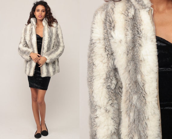 Faux Fur Jacket 80s FUZZY Coat Vegan Vintage 70s Bohemian Grey Chunky Animal Winter Striped Zip up 1980s Bohemian Boho Extra Small Xs Etsy Canada