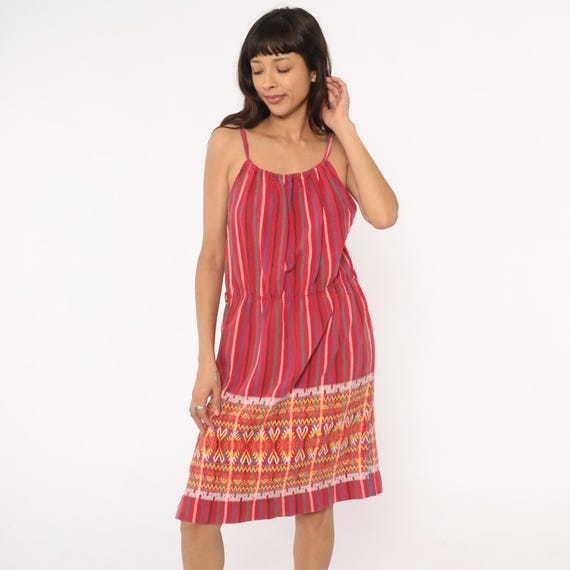 90s Striped Sundress Red Pink Cotton Tie Strap Tribal Border Geometric Ikat Print Summer Multicolor Dress Vintage Cottagecore Large L