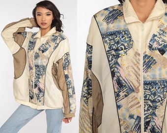 Jaren '90 Windjack Crème Abstract Print Jas Statement Abstract jaren '80 Streetwear Vintage jaren 1990 Extra Large xl