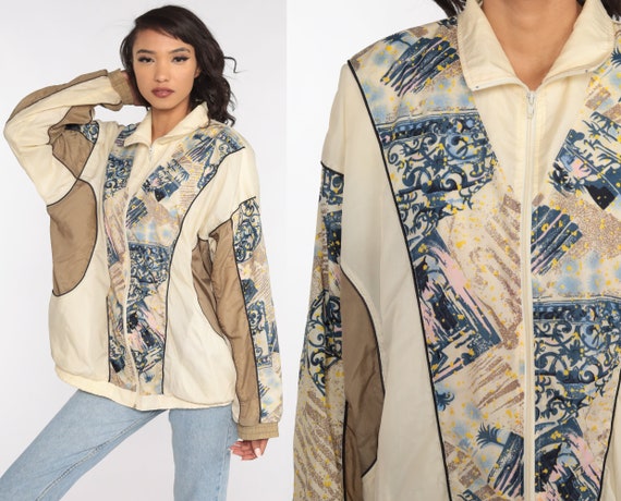 90s Windbreaker Jacket Cream Abstract Print Jacket Statement Abstract 80s Streetwear Vintage 1990s Extra Large xl