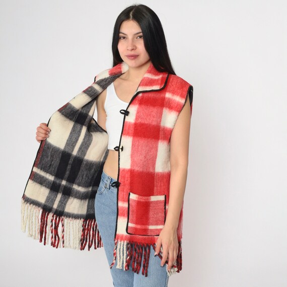 90s Tartan Blanket Vest Red Plaid Fringe Vest Checkered Vest Top Toggle Button Up Vest Picnic Pocket Longline 1990s Vintage Retro Large