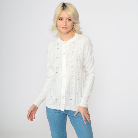 White Pointelle Cardigan 70s Bohemian Sweater Cutout Button Up 1970s Vintage Open Weave Sheer Textured Boho Raglan Sleeve Grandma Medium 38