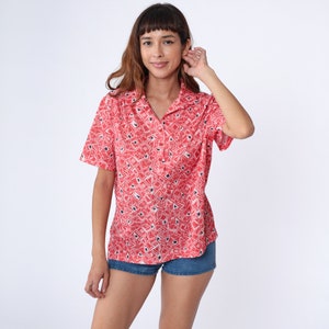 70s Geometric Shirt Red Psychedelic Shirt Collared Polo Shirt Boho Top Vintage 1970s Short Sleeve Blouse White Extra Large xl