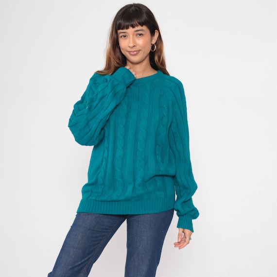 Teal Sweater 80s Wrangler Cable Knit Ribbed Pullover Sweater Blue Raglan Sleeve Simple Crewneck Jumper Fall Acrylic Vintage 1980s Medium