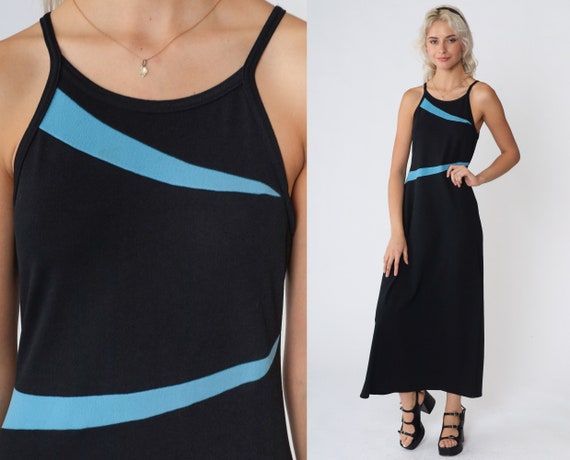 Black Maxi Dress 90s Blue Striped Dress Sleeveless High Neck Asymmetrical Stripes Simple Party Cocktail Ankle Length Vintage 1990s Small S