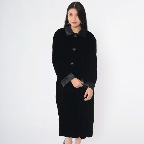 Vintage Black Velvet Coat Dress 90s Long Sleeve Shift Button Up Midi Boxy Minimalist 1990s Cocktail Party Jacket Dress Size 20 xxl